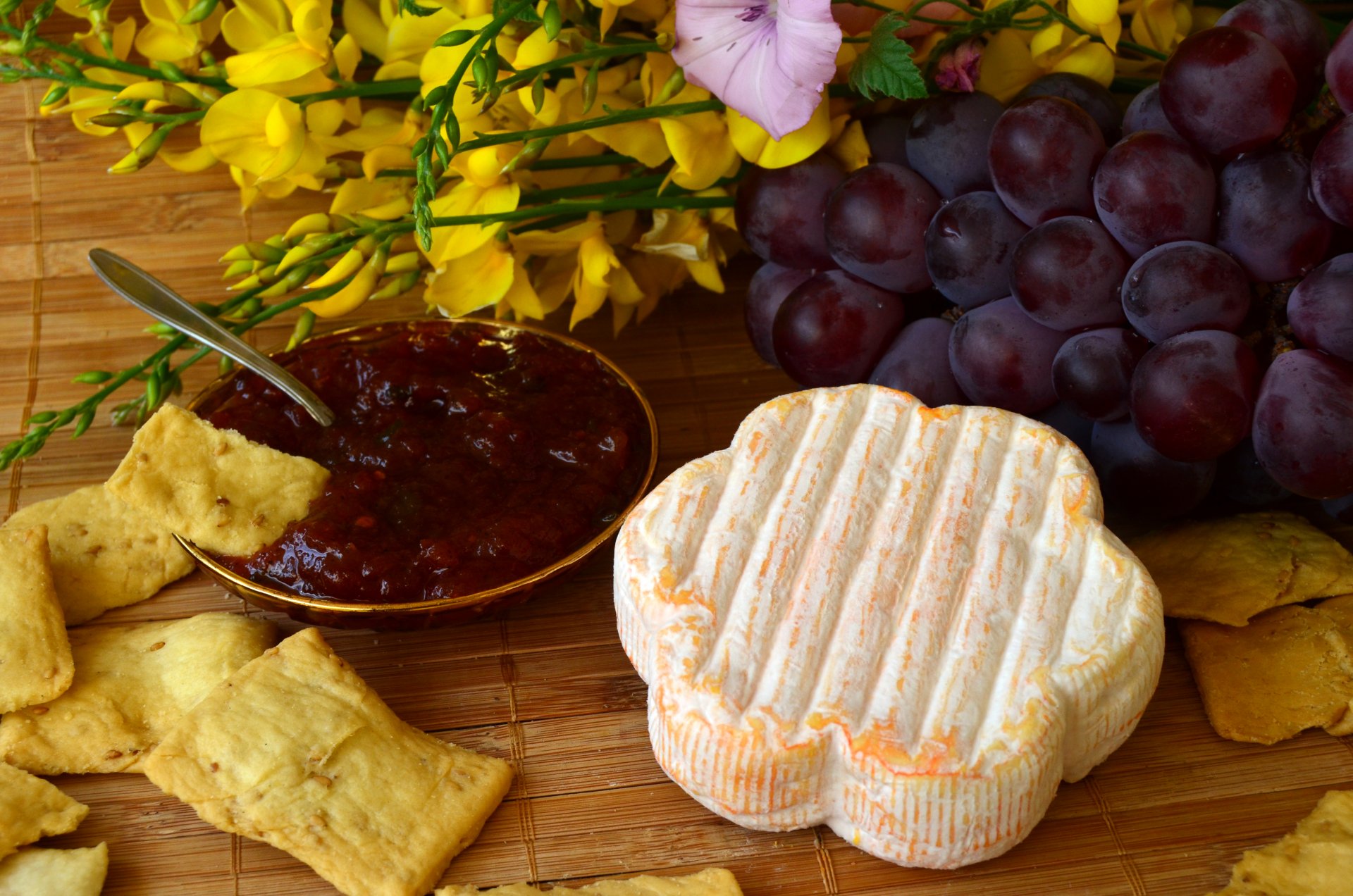 cheese grapes jams chips food photo