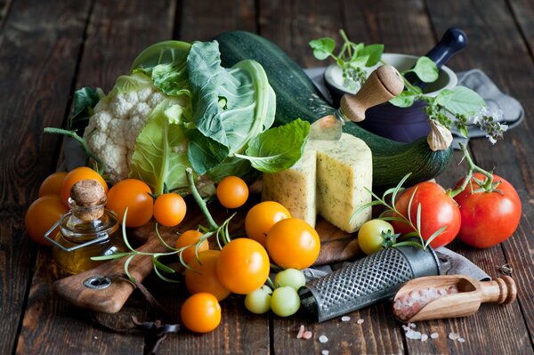 Vegetables, herbs and cheese