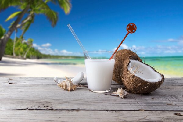 Coconut dairy on the background of the sea