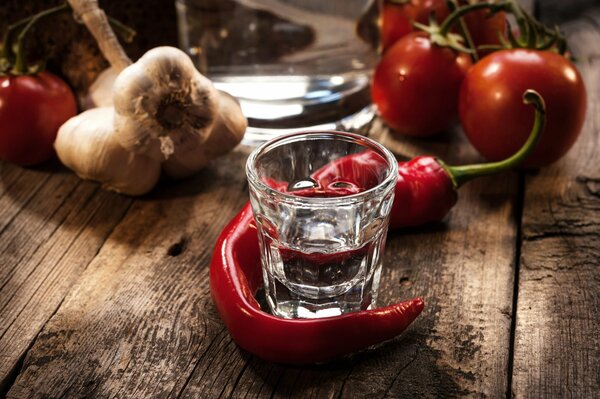 Bodegón con una pila de vodka, pimientos y tomates