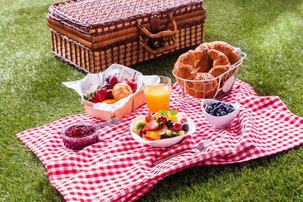 Picknick auf der Lichtung. Croissants, Früchte, Korbsäfte