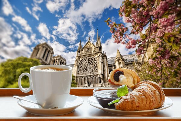 Breakfast in Paris with a cup of fragrant coffee