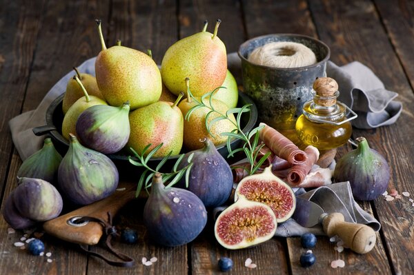 Nature morte de fruits au beurre et jambon