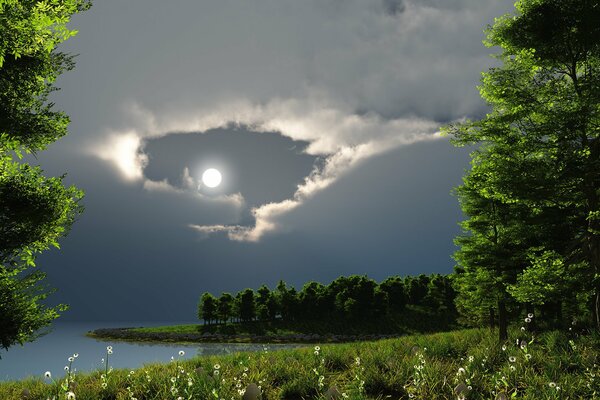 Vollmond am See in einem schönen Wald