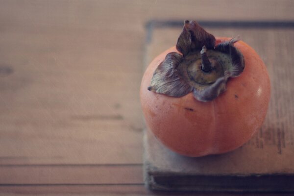 Ripe persimmon lies on the book