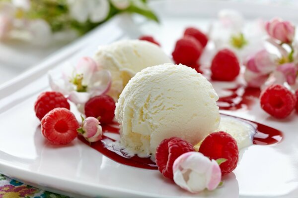 Köstliches Dessert aus frischen Beeren und Eis