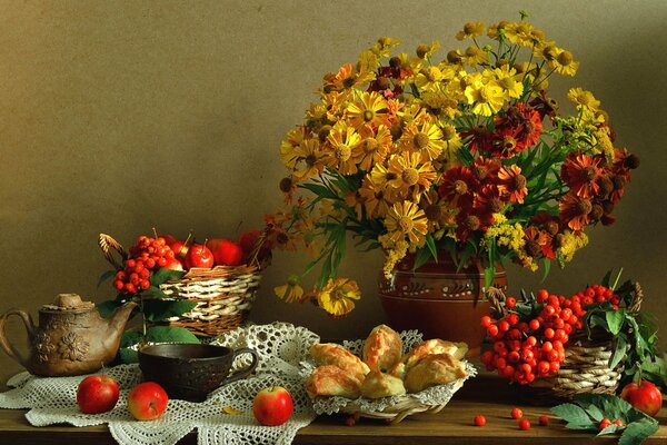 Still life of flowers berries and apples