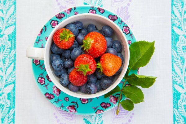 Composición de un platillo con una taza decorada con bayas