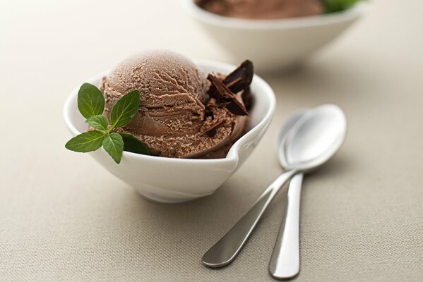 Crème glacée au chocolat et deux cuillères à café