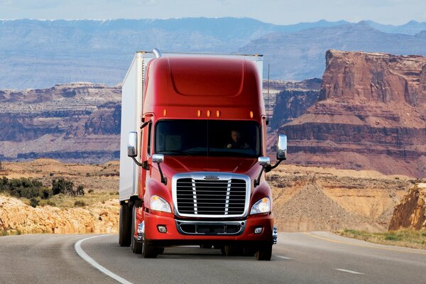 Red truck on the highway in the USA