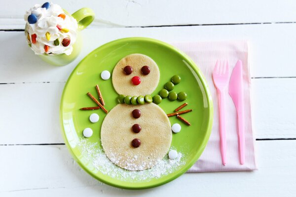 Sweets laid out in the shape of a snowman