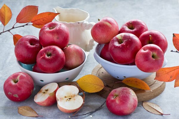 Naturaleza muerta manzanas de otoño en un plato