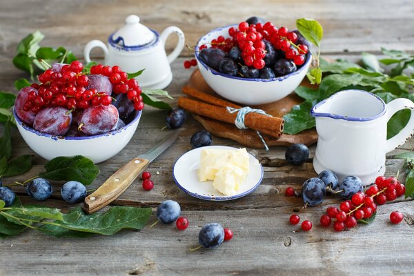 Plum and red currant berries in a plate