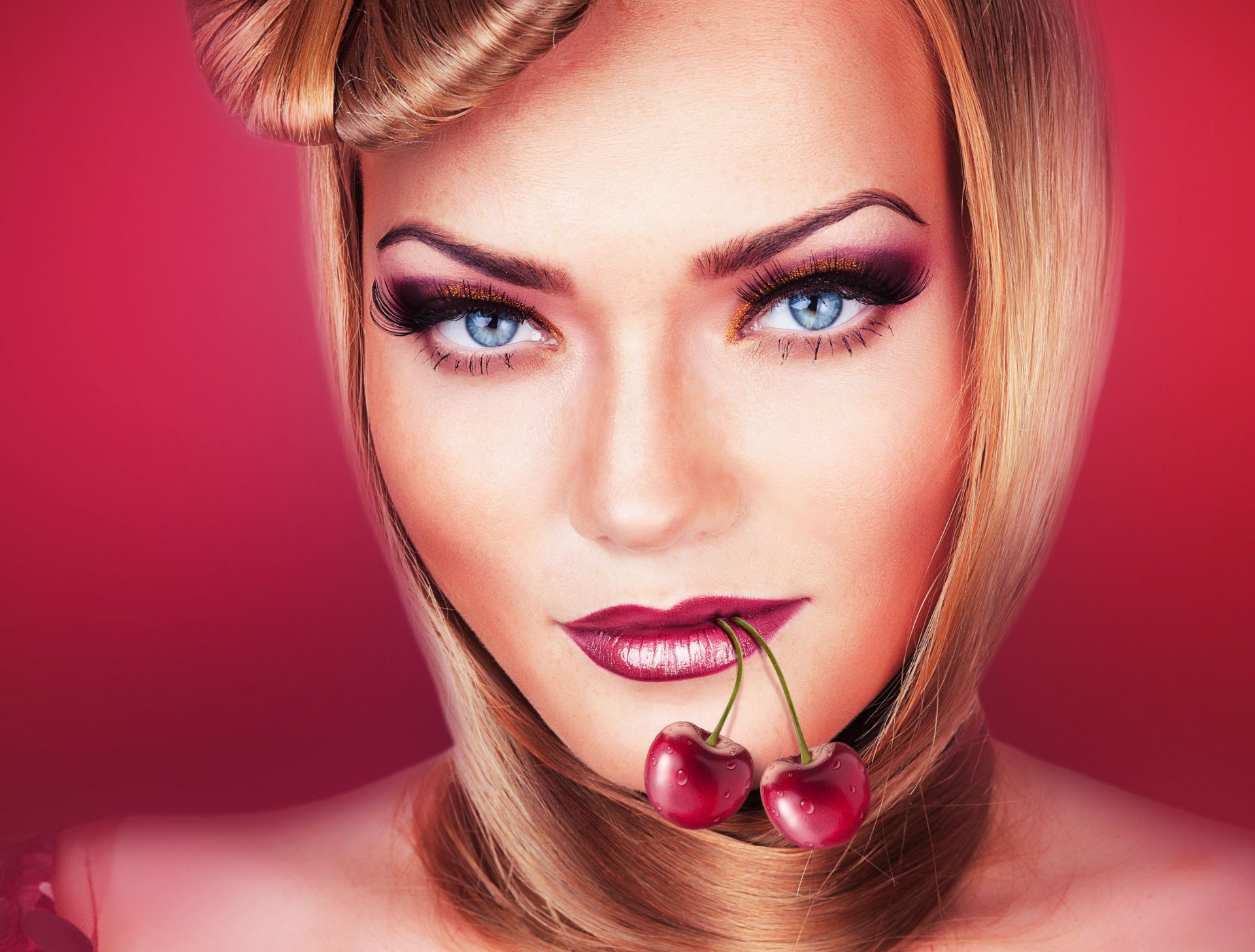 attractive woman cherry background comic style art bright blonde makeup lipstick cherries beautiful blue eyes look