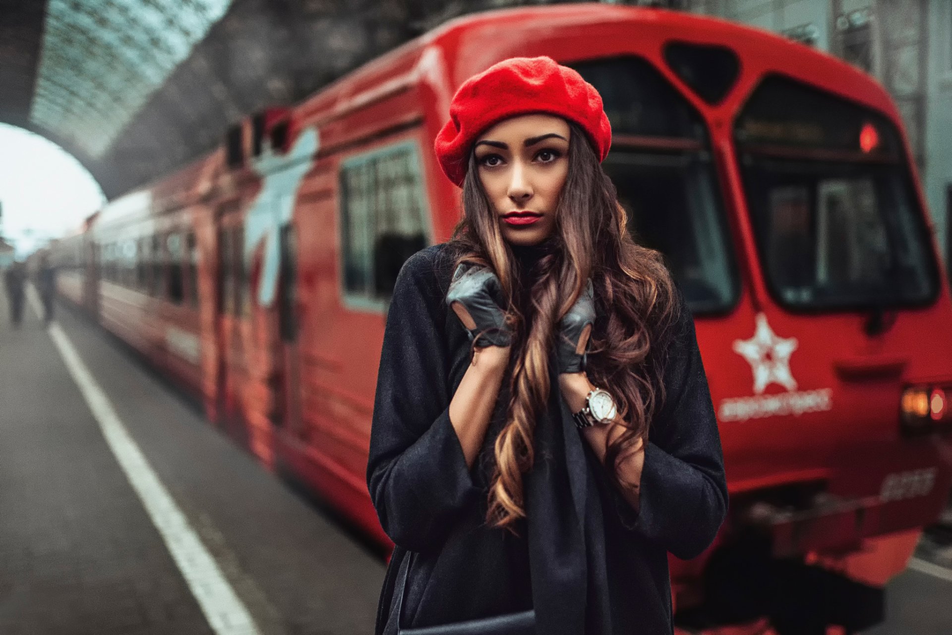 railway station train girl coat takes cool