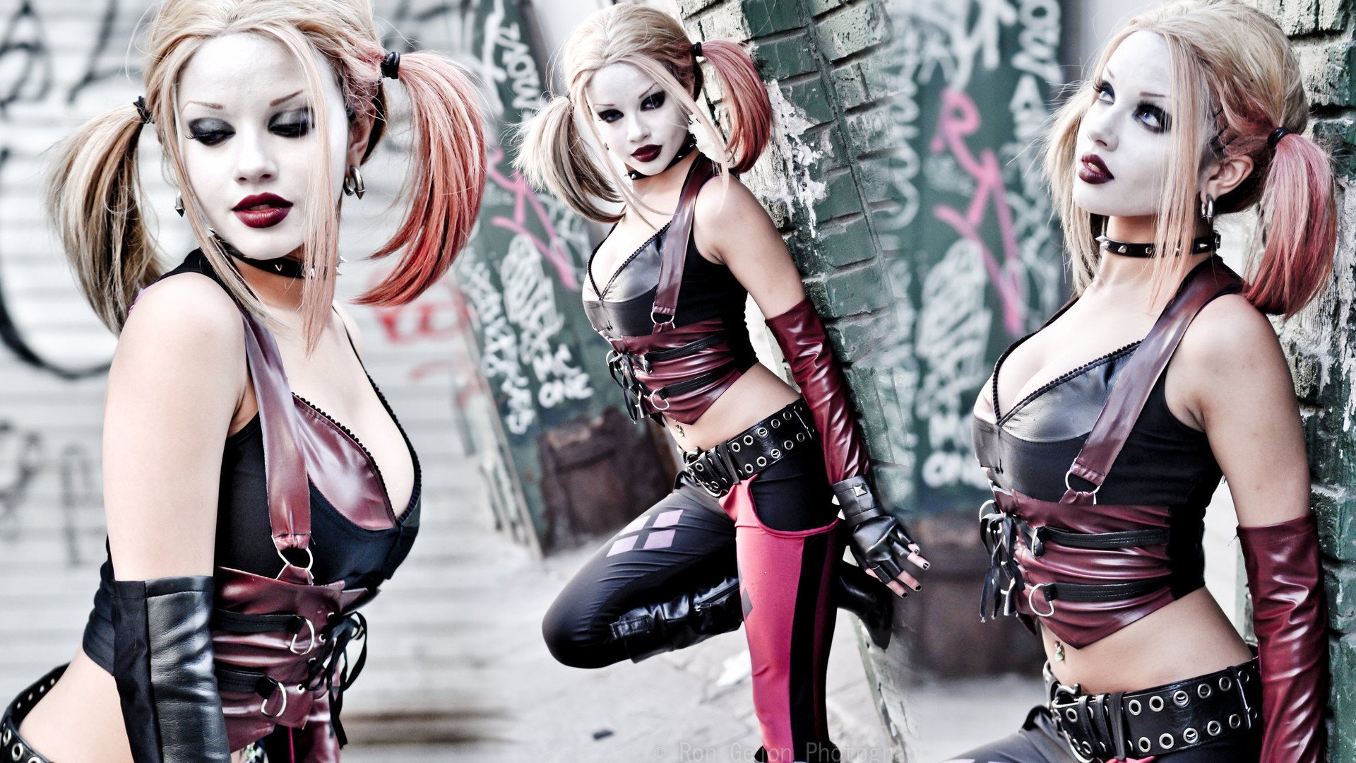 harley quinn batman dc cosplay dziewczyny kobiety modelki blondynki uroda sexy makijaż bogowie niesprawiedliwość wśród nas reprezentują arkham city twarz piękny brzuch piercing