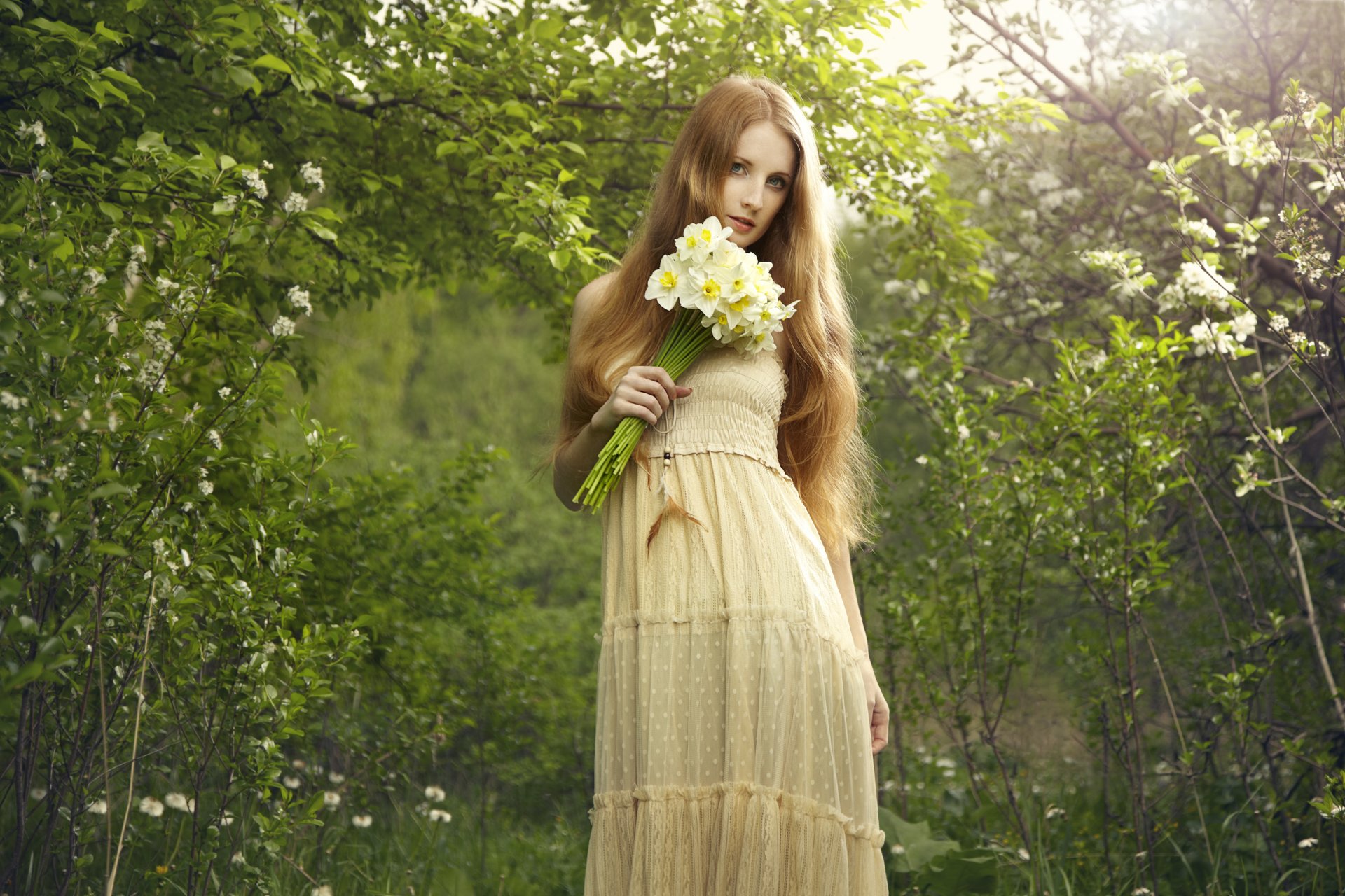 girl red dress bouquet view nature