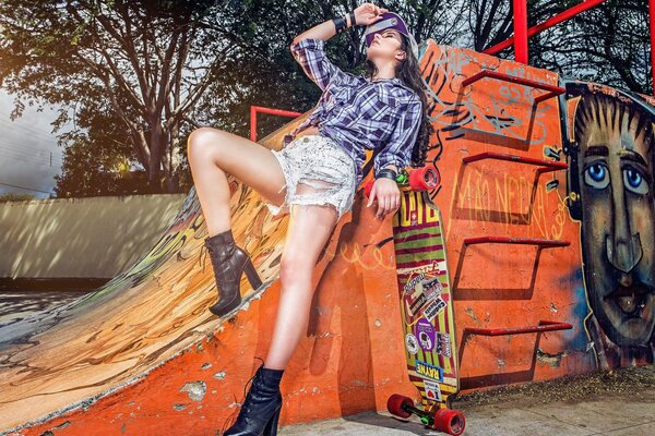 Hermosa chica en el parque de skate en pantalones cortos y una camisa