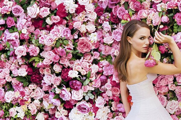 Ragazza bruna attrice Natalie Portman su uno sfondo di rose in abito bianco