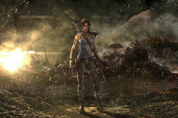 Tomb raider Lara Croft on the background of the explosion