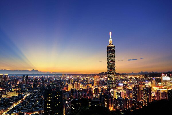 Sunset descends over the glowing metropolis of China