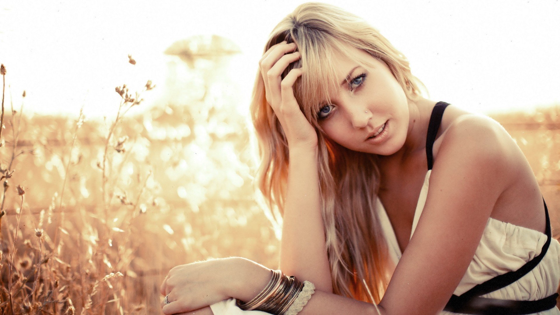 girl blonde model bracelet grass nature