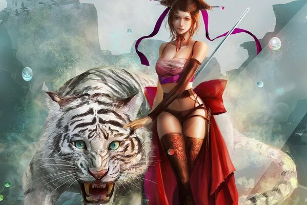 Beautiful girl with a white tiger (fantasy art)