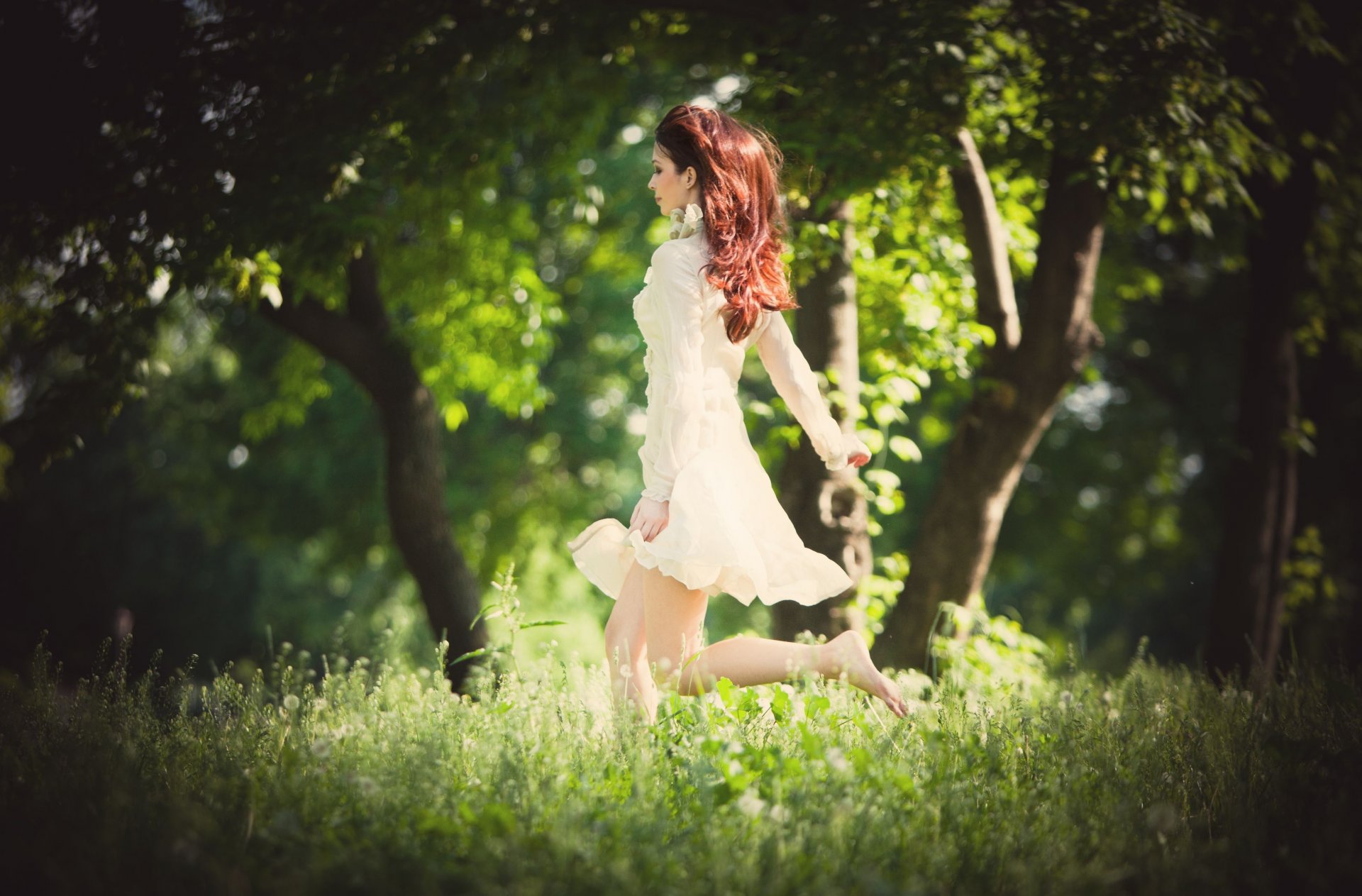 moods girl woman running walk dress redhead grass greenery nature blur tree trees background wallpaper widescreen fullscreen widescreen