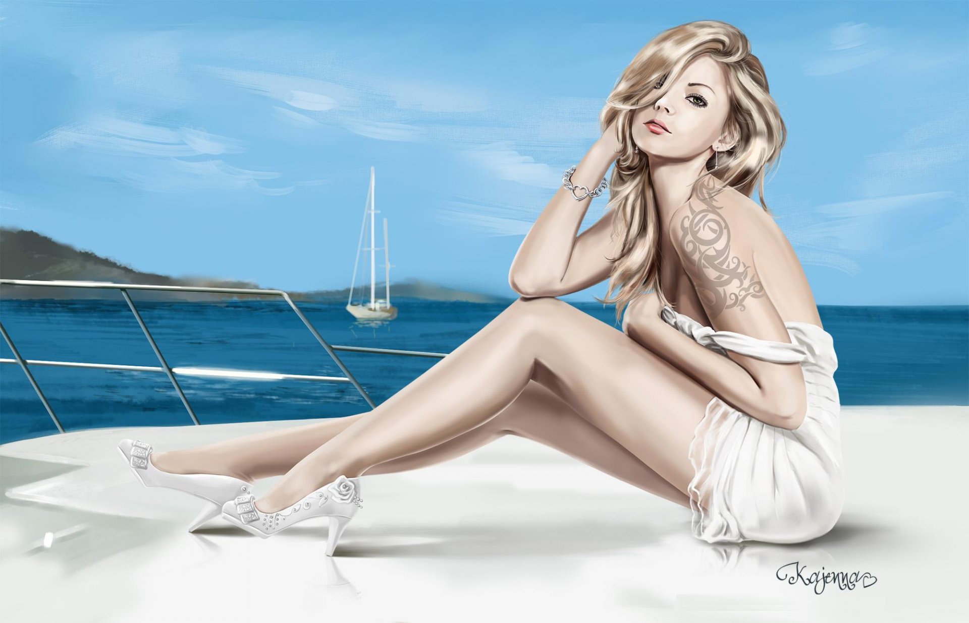 art. ragazza sguardo bionda abito bianco gambe scarpe mare yacht