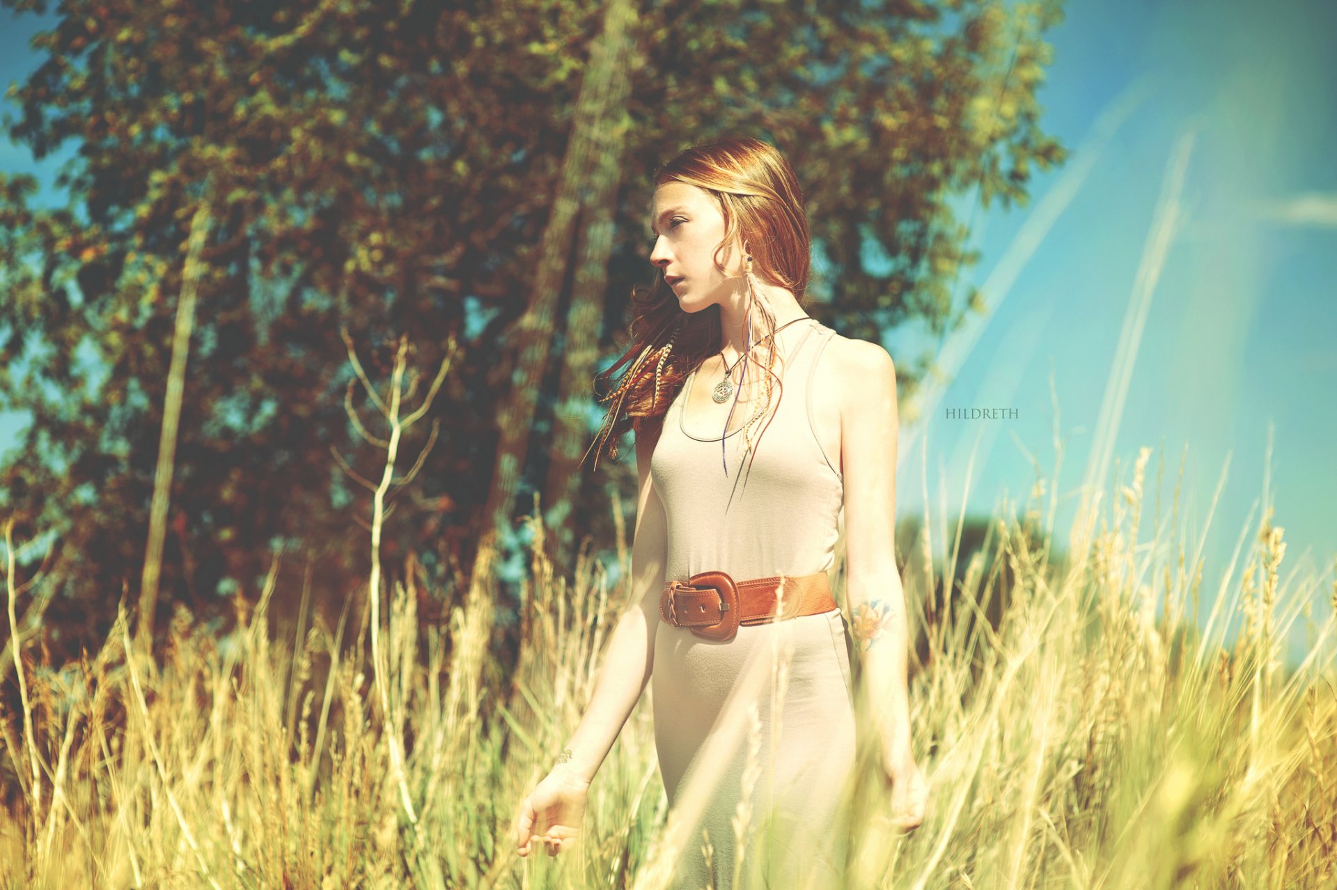 girl red nature grass tree sky