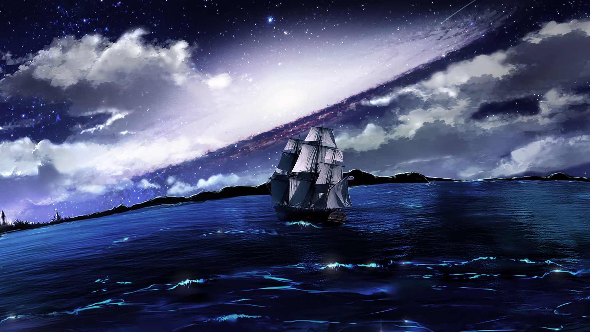 schiff nacht meer wolken segelboot schwimmen
