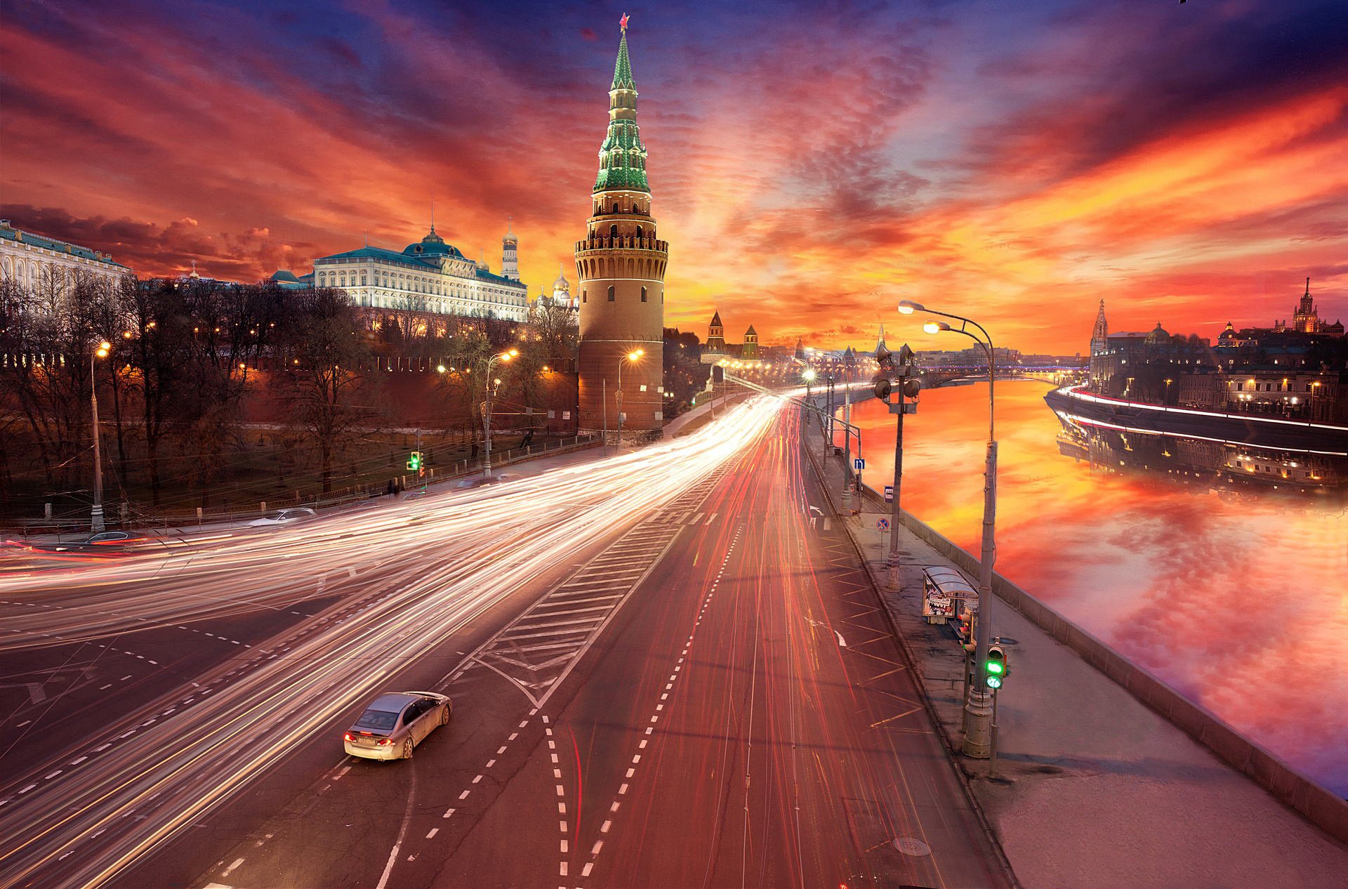 moscú procesamiento kremlin puesta del sol