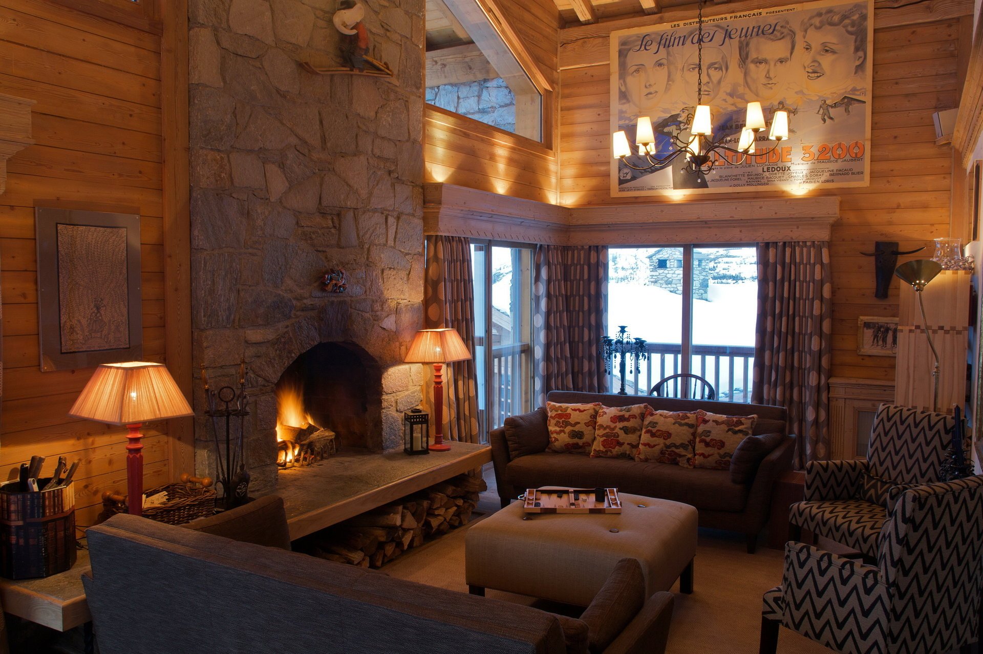 living room interior sofa chandelier fireplace retro design