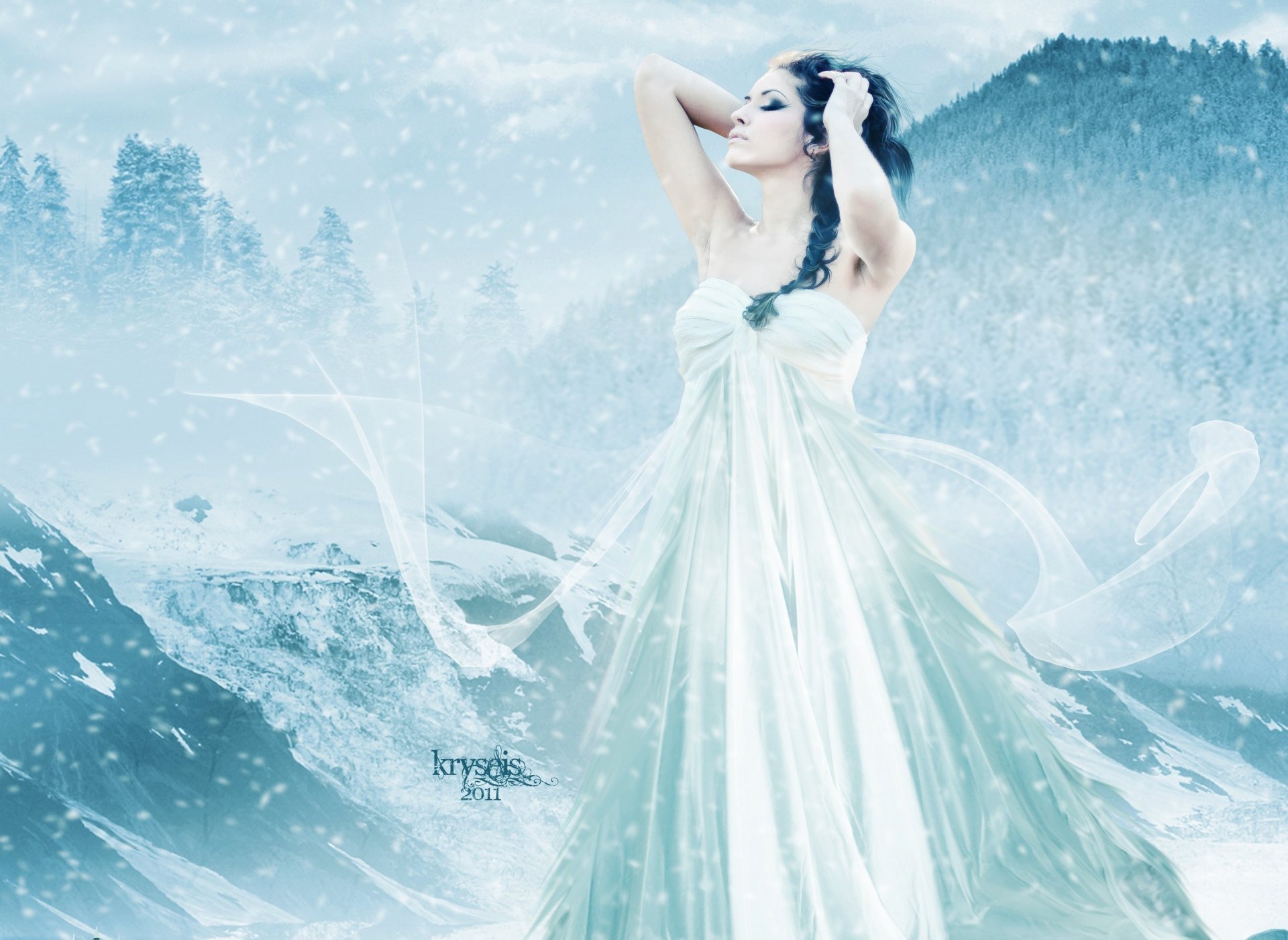mädchen kunst gesicht profil make-up haare locken kleid hände schnee winter kälte berge himmel