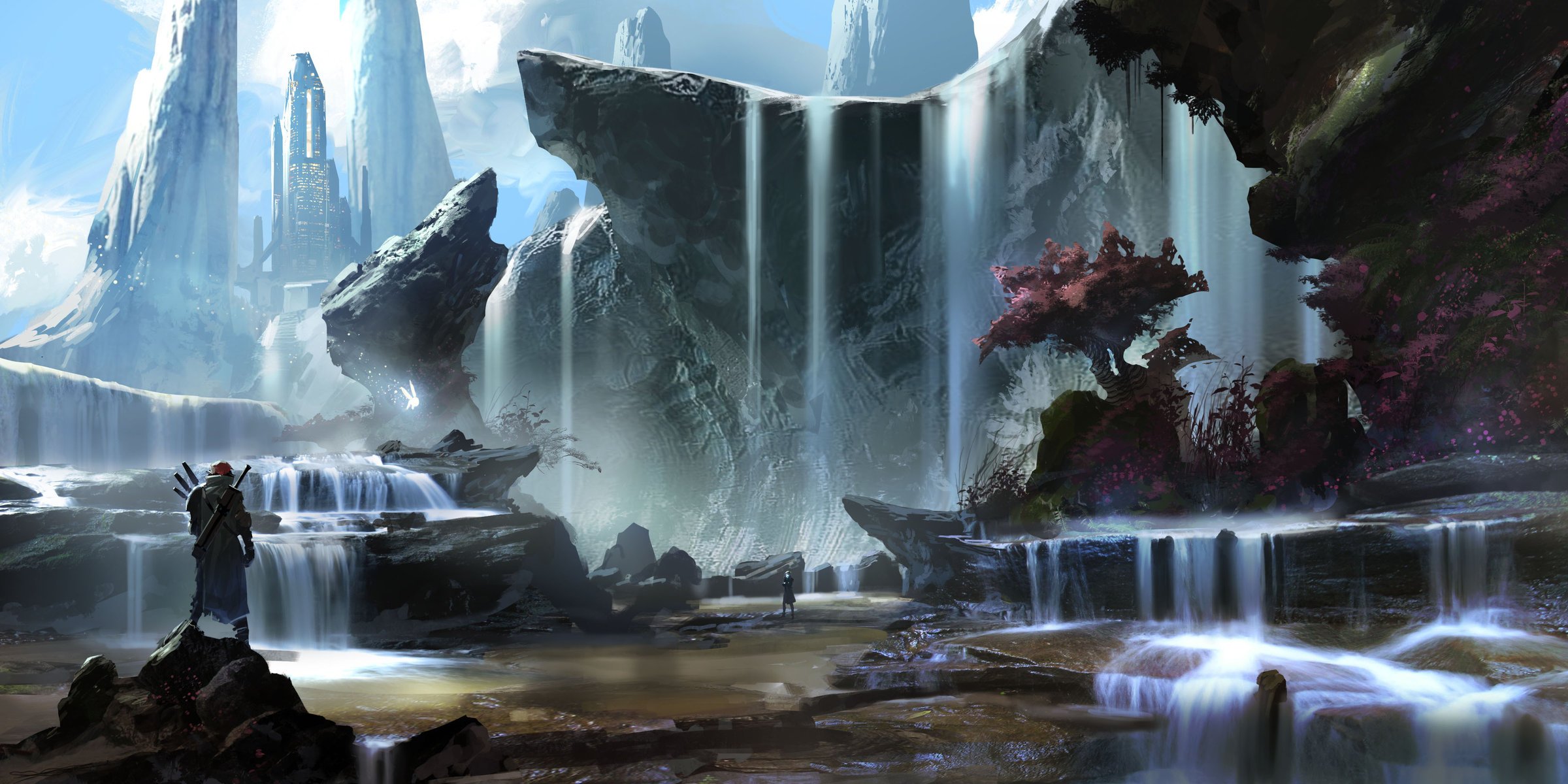 landscape rocks mountains waterfalls ryan gitter art tree people