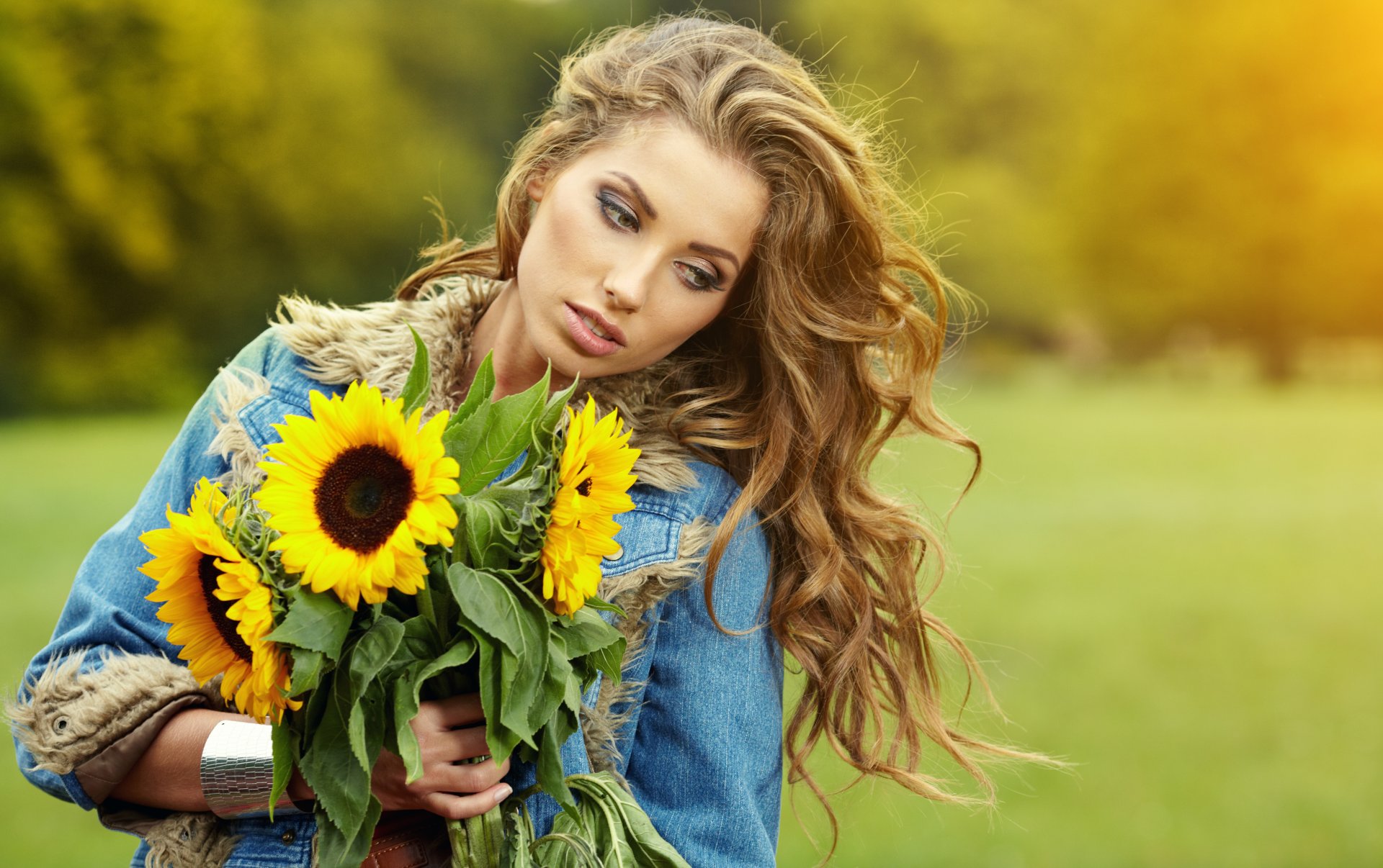 fille tournesols cheveux bruns boucles fleurs automne tournesol yeux visage lèvres cheveux