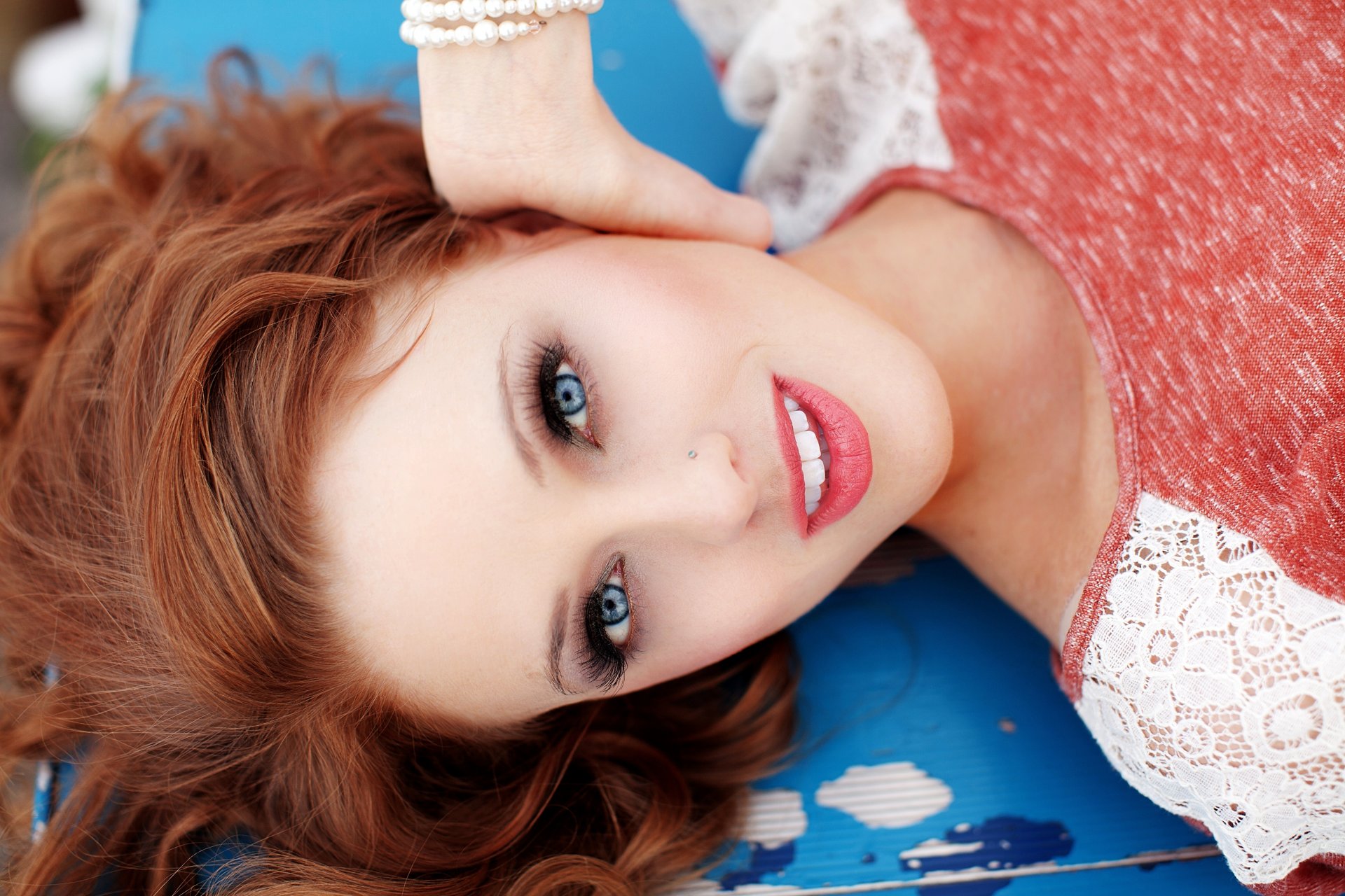 red girl hair view eyelash lips smile piercing i