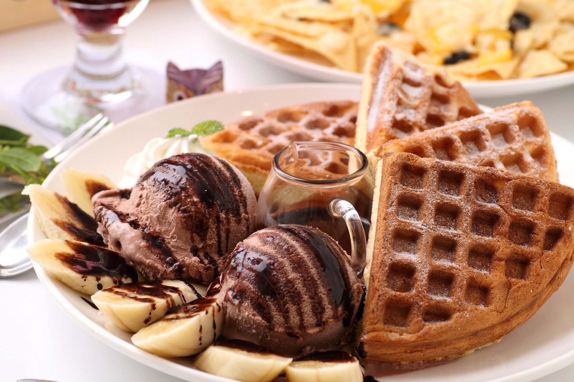 gaufres repas chocolat dessert crème glacée doux bananes