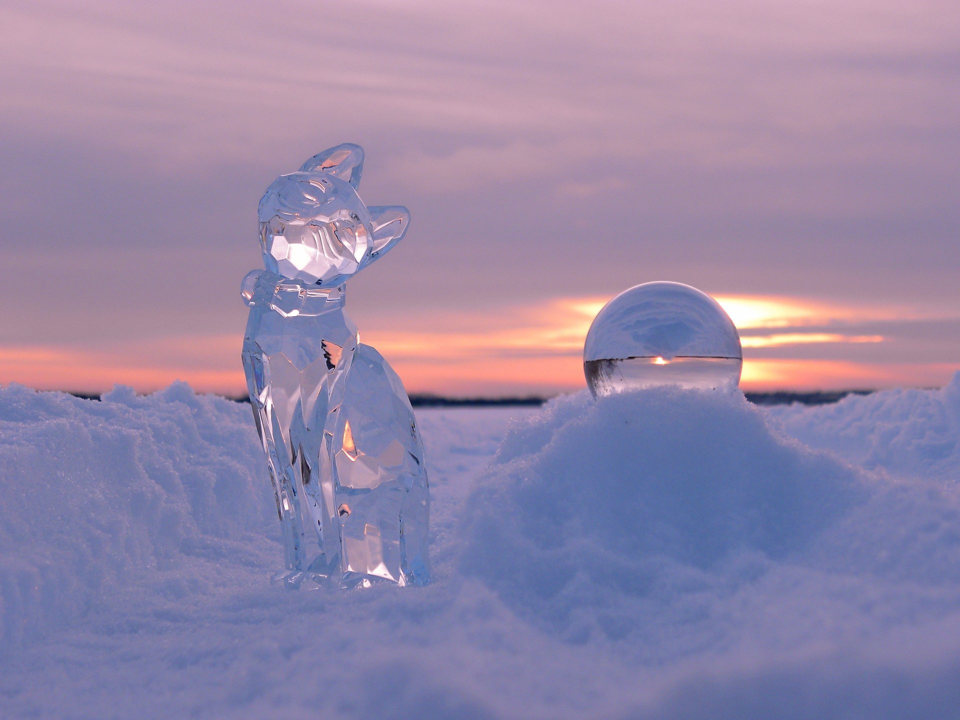 hiver sculpture chat coucher de soleil glace neige ballon