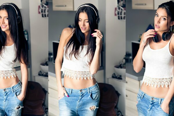 Three photos of one girl wearing headphones who is smiling