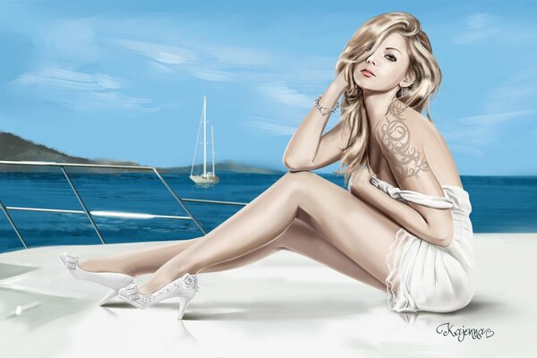 Art kopeck blonde en robe blanche sur un yacht sur la mer