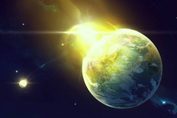 A bright star illuminates outer space