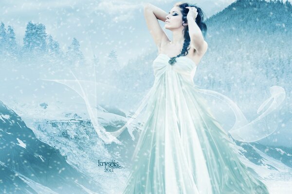 Art. A girl in a white dress. winter landscape