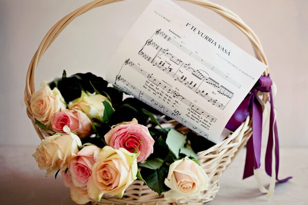 Basket with flowers. Notes. Music