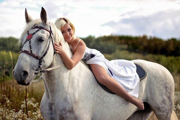 The horsewoman. romance. white horse and girl