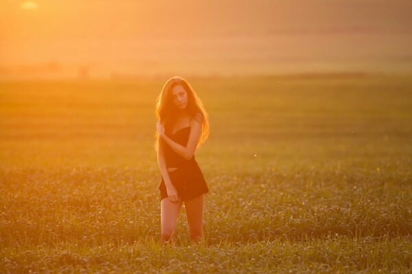 Fille dans l éclairage du coucher du soleil sur le terrain