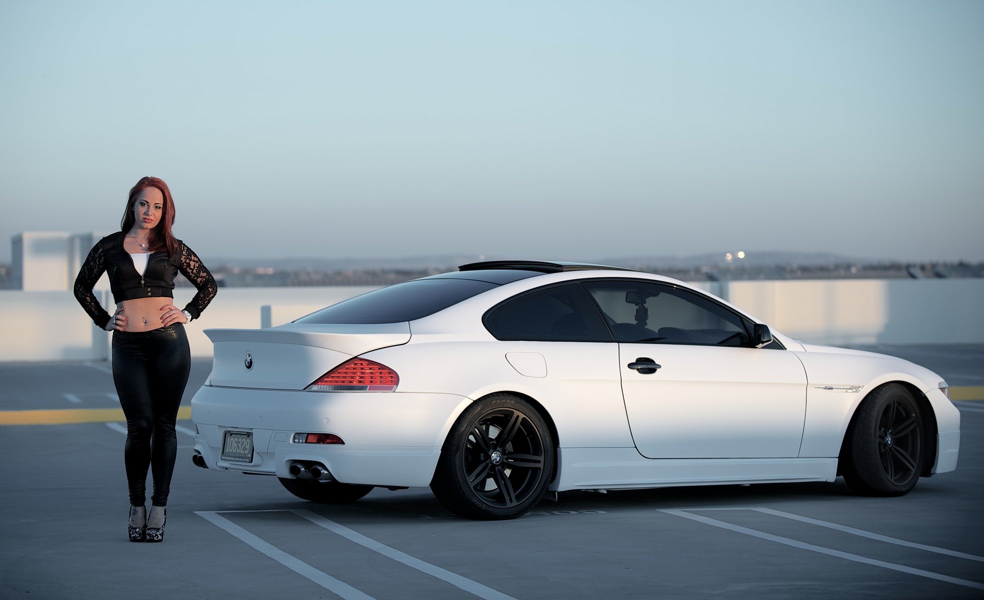 bmw m6 e63 black wheels girl bmw white rims parking roof sky