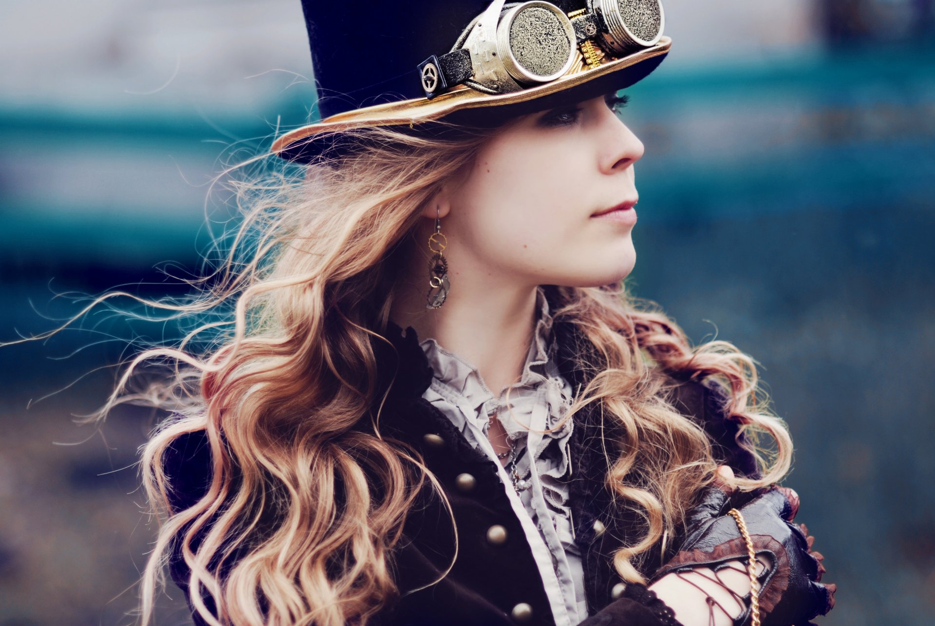 steampunk epoca vittoriana goggles ragazza cappello a cilindro cappello orecchini capelli