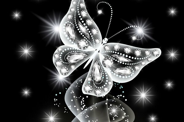 Abstract butterflies as if made of white gold framed with diamonds