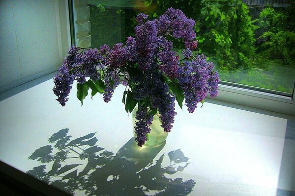 Un bouquet de lilas se dresse sur le rebord de la fenêtre